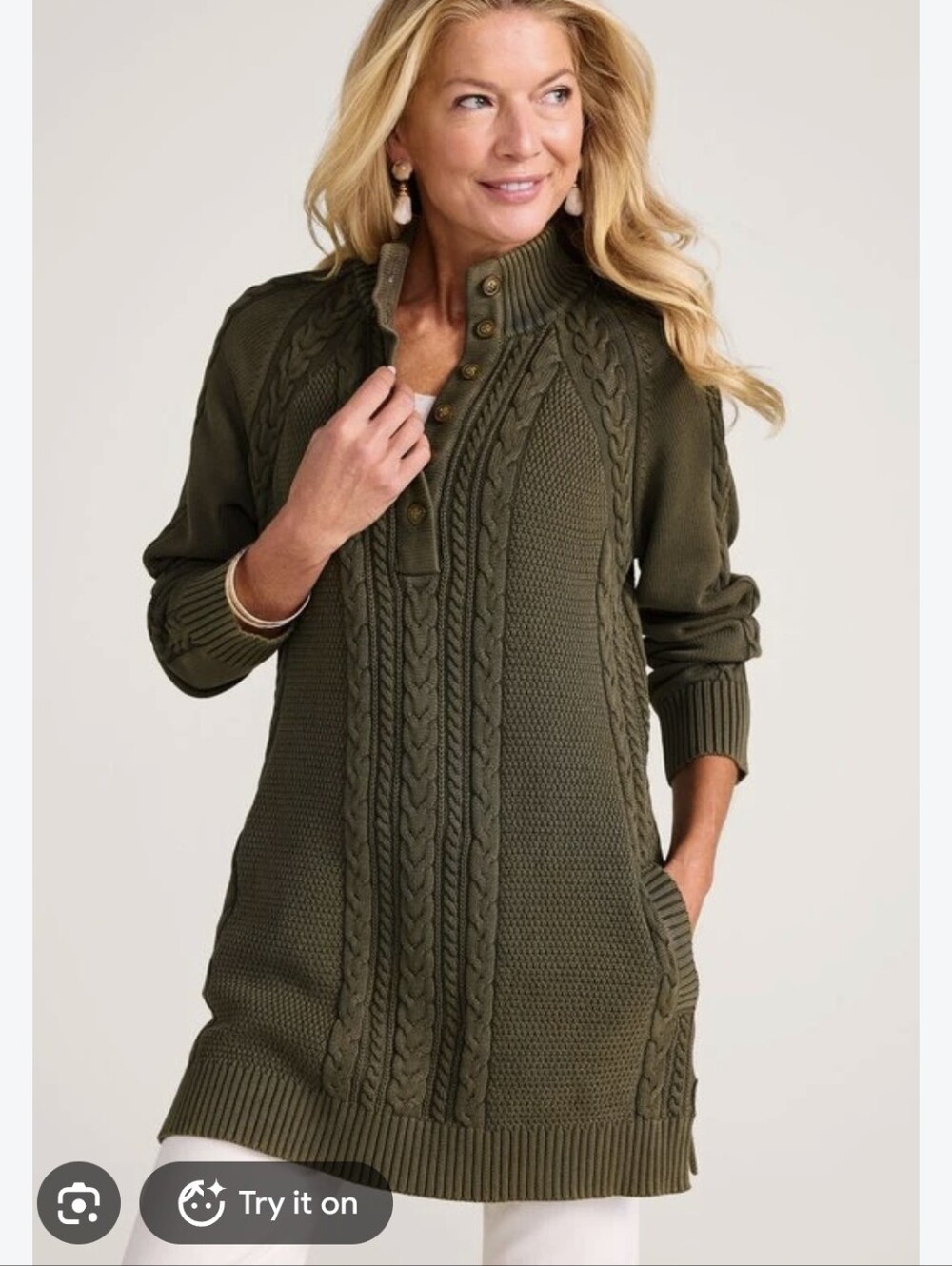 Soft Surroundings Button Placket Olive Cable-Knit Tunic Sweater